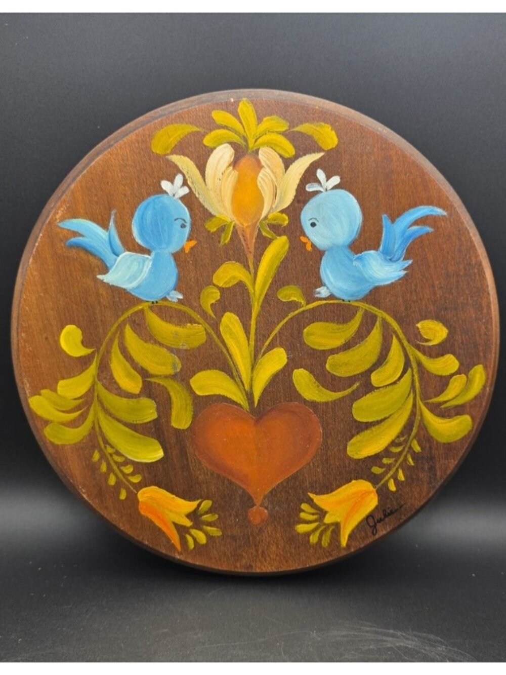 Vintage Retro Folk Art Wooden Wall Plaque Heart Distelfink Birds Hand Painted